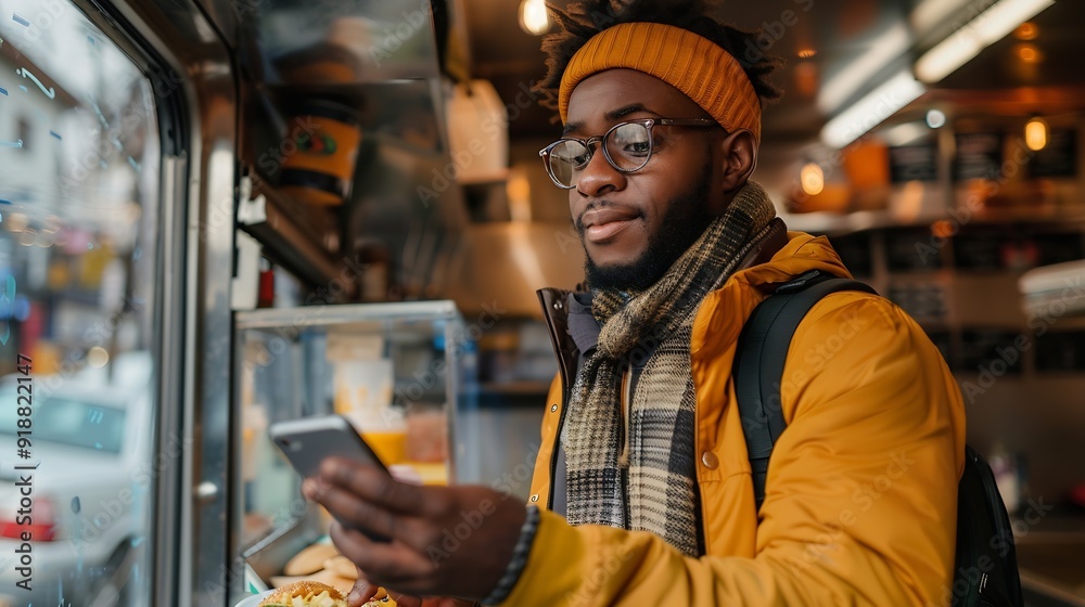 Obraz premium Black man making payment with smartphone in food truck : Generative AI