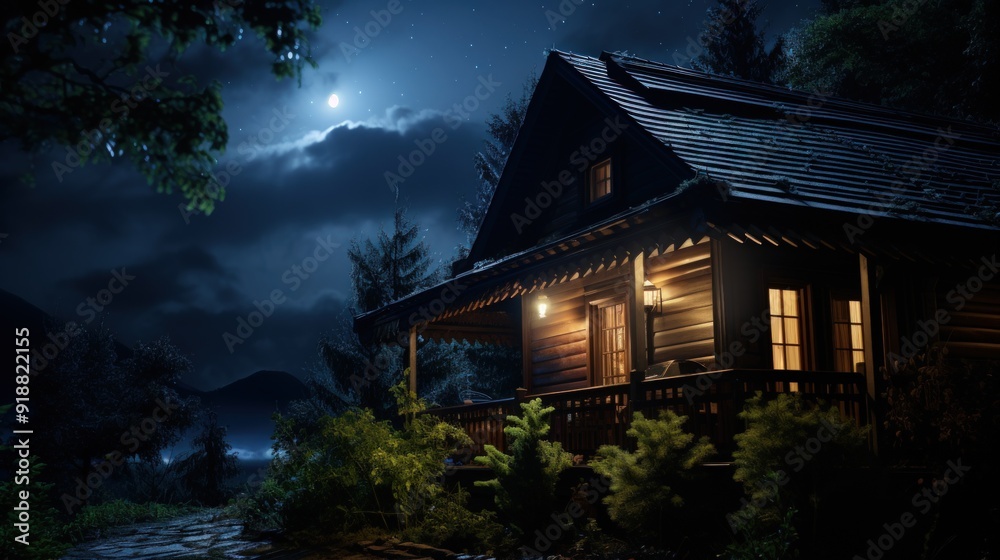 A cozy cabin nestled in the woods at night, with a bright moon shining overhead and warm lights illuminating the windows.