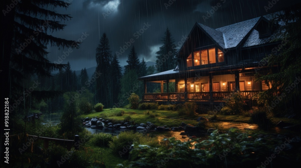 A Cozy Cabin Nestled In The Woods During A Rainstorm. A Cozy Cabin Nestled In The Woods During A Rainstorm.