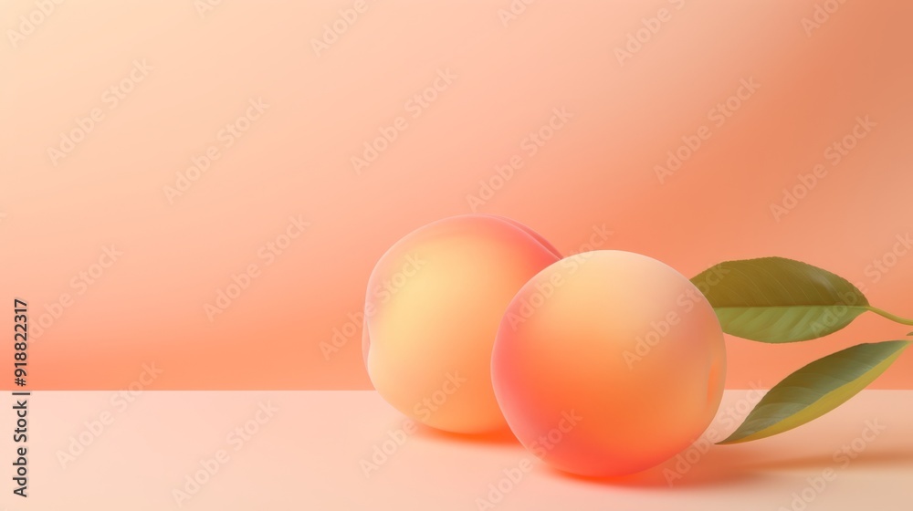 Two ripe peaches sit side by side on a light surface, accompanied by green leaves against a soft pastel backdrop, copy space Two ripe peaches sit side by side on a light surface, accompanied by green leaves against a soft pastel backdrop, copy space