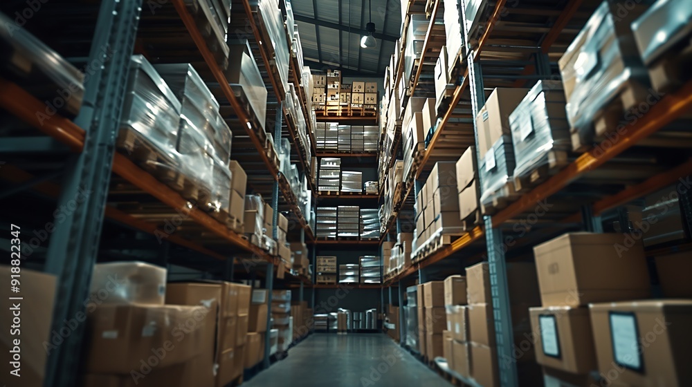 Fototapeta premium Storage room filled with boxes on racks and shelves merchandise stock and cargo packages in warehouse Manufacturing supplies packed in big containers pallets in storehouse space Handhe : Generative AI