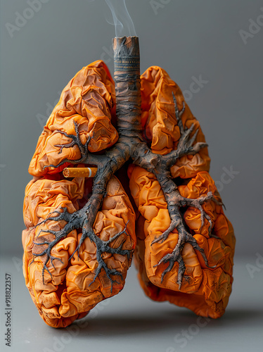 The concept of the dangers of smoking shows the number of cigarettes stuck in the smoke-filled lungs. photo