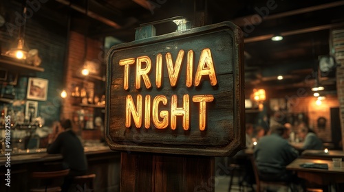 Sign that reads “TRIVIA NIGHT” - bar - lounge - club - restaurant - tavern - wooden sign - rustic - happy hour 