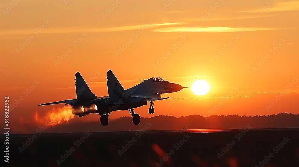 Fototapeta premium MiG 29 fighter jet taking off at sunset