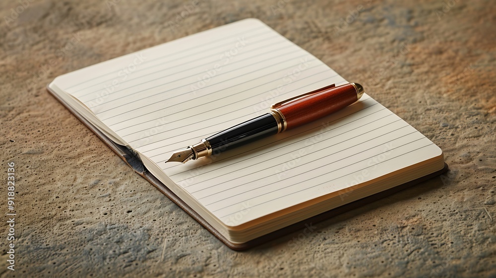 blank sheet of ruled paper in a small journal with a luxury pen against textured art paper : Generative AI blank sheet of ruled paper in a small journal with a luxury pen against textured art paper : Generative AI