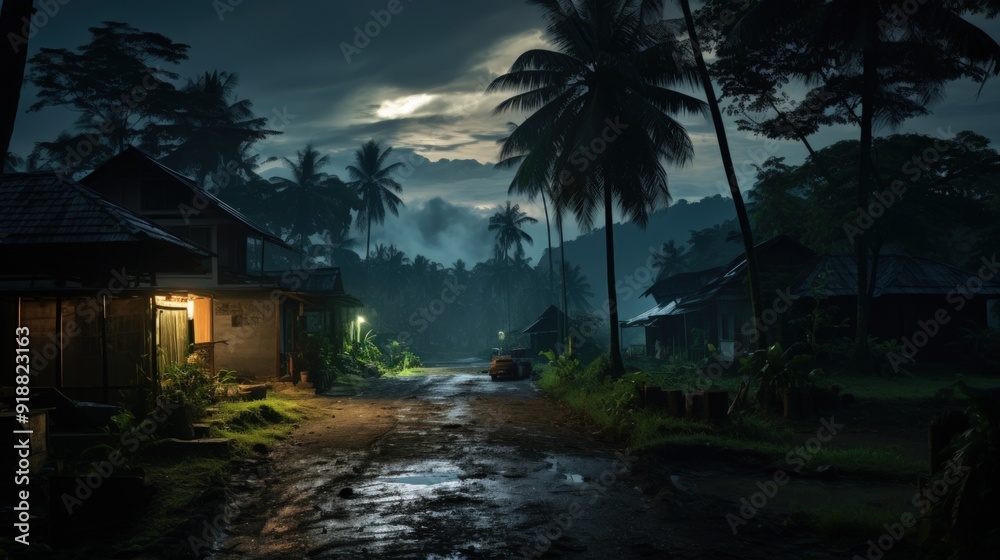 A dark and mysterious path through a tropical jungle at night, lit only by the moon and a few lanterns. A dark and mysterious path through a tropical jungle at night, lit only by the moon and a few lanterns.