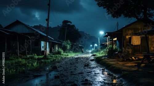 A dark and mysterious path through a village at night, lit by streetlights.