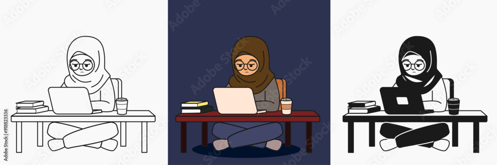 an illustration of girl study at night with tired face and various coloring style an illustration of girl study at night with tired face and various coloring style