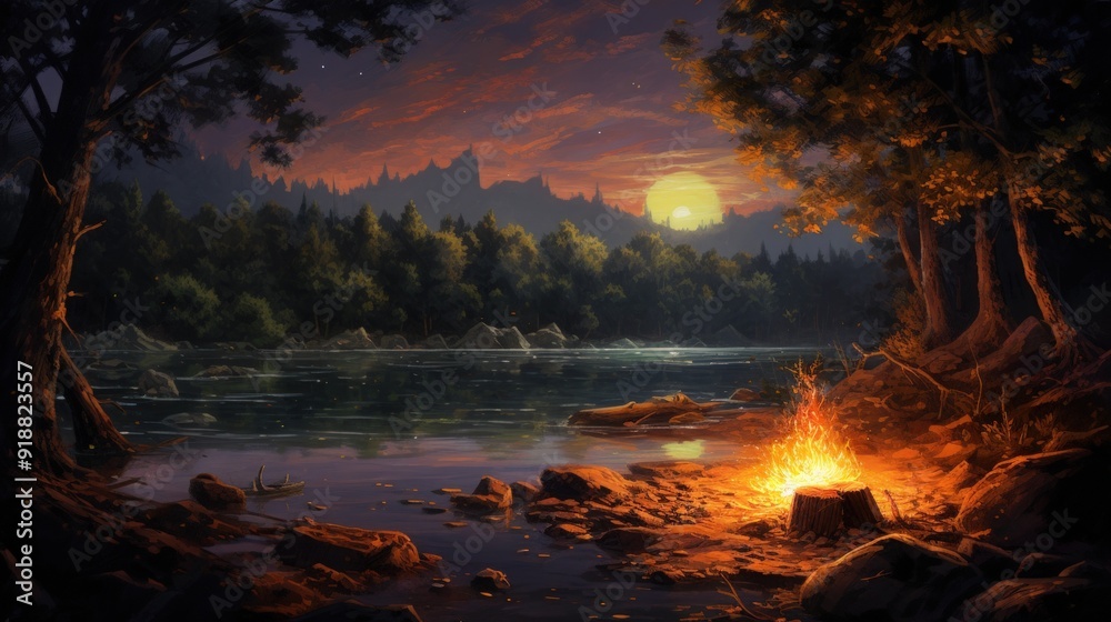 A fiery campfire burns on the shore of a lake, surrounded by rocks and trees, under a sunset sky with a bright sun and stars.