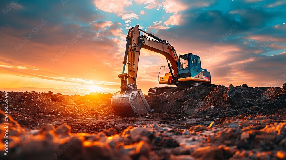 Crawler Excavators with are digging the soil in the construction site on the sunset backgrounds : Generative AI Crawler Excavators with are digging the soil in the construction site on the sunset backgrounds : Generative AI