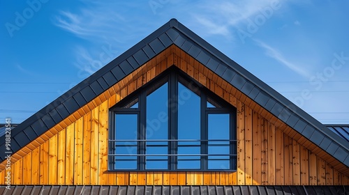 Wallpaper Mural Wooden plank gabled roof on a new modern house with window copy space : Generative AI Torontodigital.ca