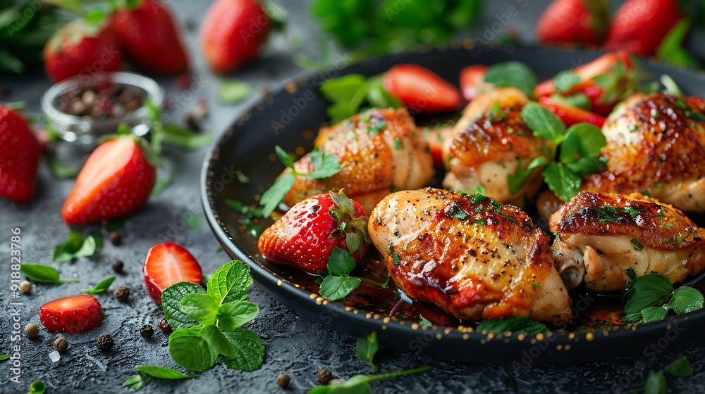 Composition with baked chicken parsnip and strawberries on grey table in professional photo studio Food photography : Generative AI