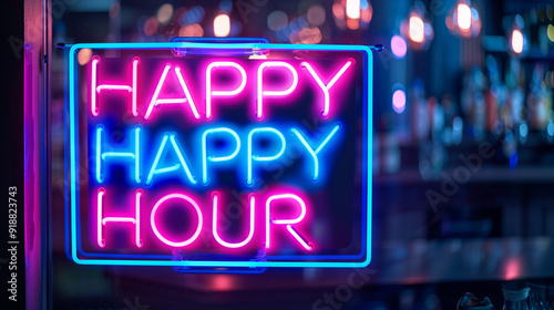 A colorful neon sign glowing brightly in a bar, announcing happy hour, inviting patrons to enjoy drinks and socialize, copy space