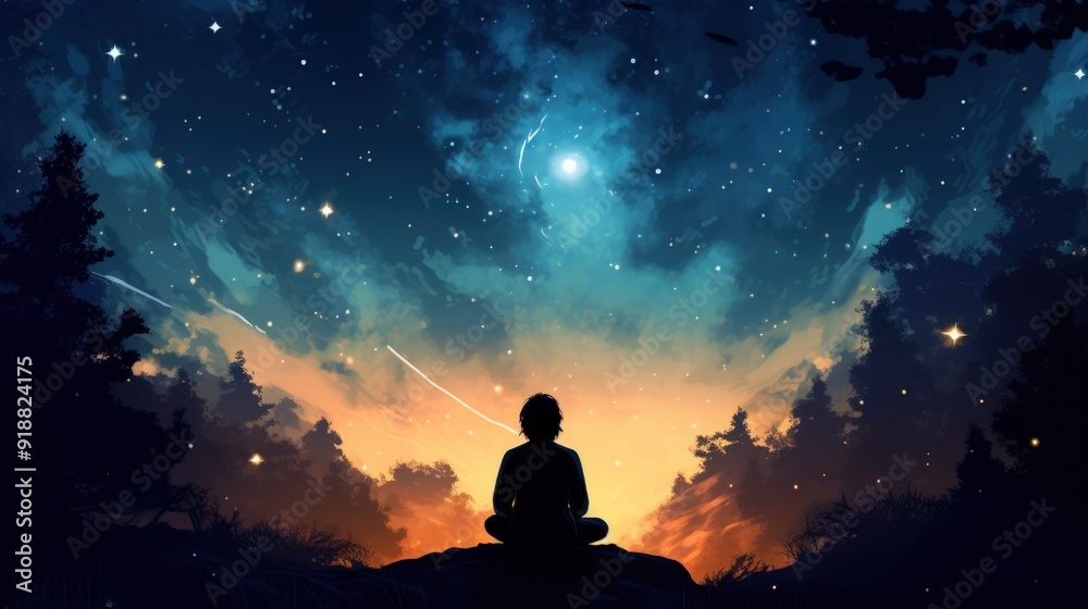A lone figure sits on a cliff, watching the stars and moon in the night sky. A lone figure sits on a cliff, watching the stars and moon in the night sky.