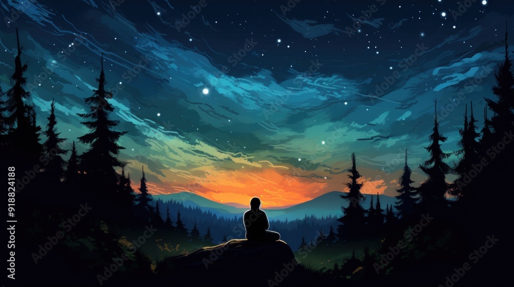 Fototapeta premium A lone figure sits on a rock overlooking a forest with a starry sky above.