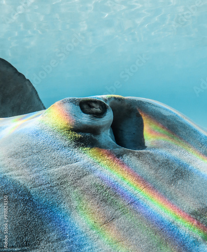 The eye of a stingray with a rainbow in the lagoon of Moorea, French polynesia