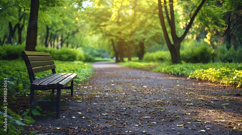 A park with a bench and walking path on the side and a tree with green foliage in the background : Generative AI A park with a bench and walking path on the side and a tree with green foliage in the background : Generative AI