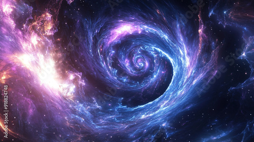 A vivid and dynamic image depicting a cosmic scene. The central focus is a swirling vortex of colorful nebulae and interstellar clouds, rendered in striking tones of blue, purple, and pink. Surroundin