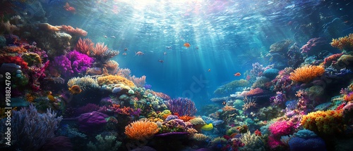 Coral Reef in the Sea with Clownfish A vibrant underwater scene showcasing a colorful coral reef in the sea, with playful clownfish swimming among the corals. Ideal for themes related to marine life, 