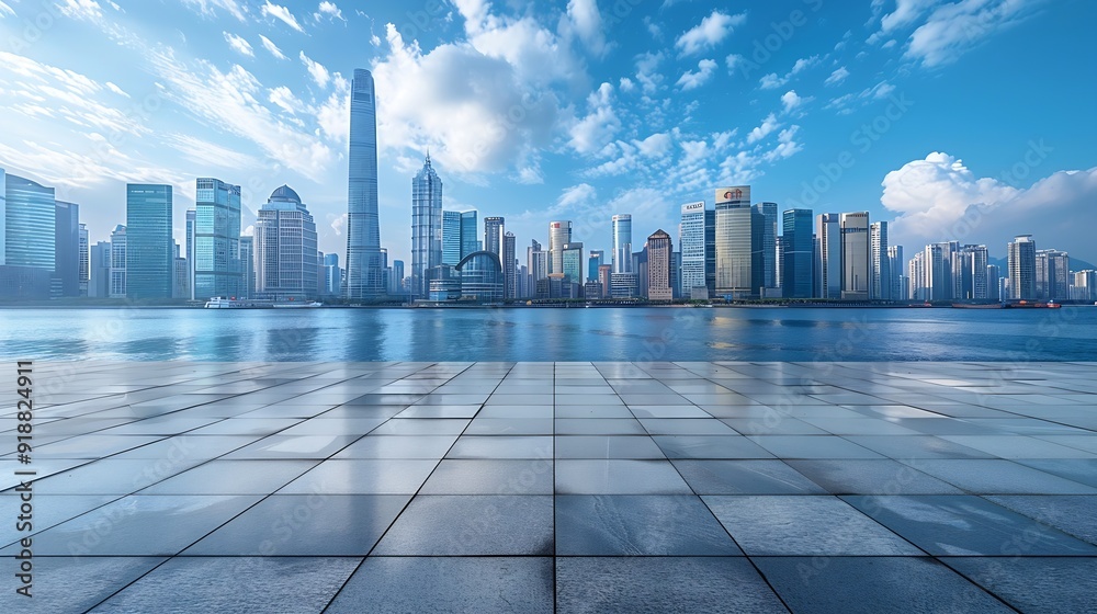 Empty square floor and city skyline with modern buildings under blue sky : Generative AI Empty square floor and city skyline with modern buildings under blue sky : Generative AI