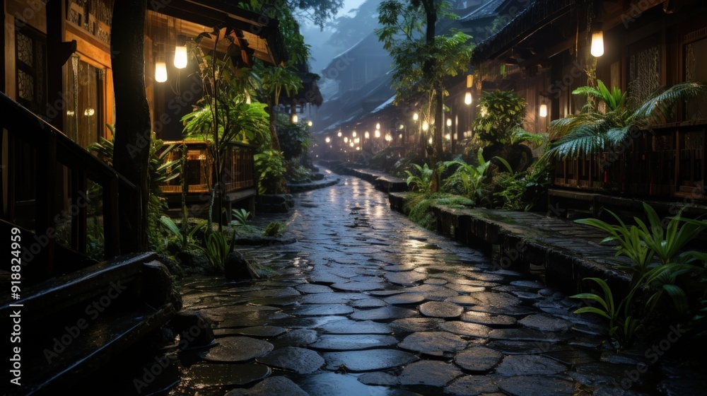 Fototapeta premium A misty, cobblestone path lined with traditional houses in a tropical environment.