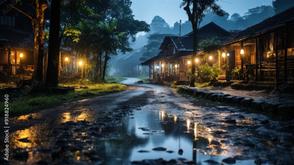 A misty, dimly lit path lined with wooden houses in a tropical forest, with puddles reflecting the light. A misty, dimly lit path lined with wooden houses in a tropical forest, with puddles reflecting the light.