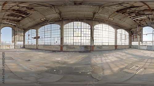 full seamless spherical hdri panorama 360 degrees in abandoned interior of large empty room as warehouse hangar or gallary with windows in equirectangular projection VR AR concept : Generative AI