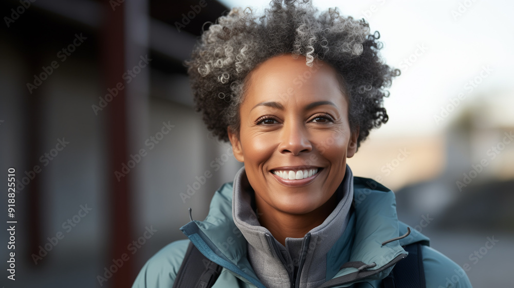 middle-aged african american woman smiling with gray curls stands outside, dressed in a warm jacket and carrying a backpack, enjoying the sunny weather, copy space middle-aged african american woman smiling with gray curls stands outside, dressed in a warm jacket and carrying a backpack, enjoying the sunny weather, copy space