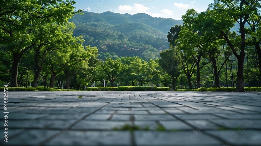 Fototapeta premium empty square floor and green mountain nature landscape in city park : Generative AI