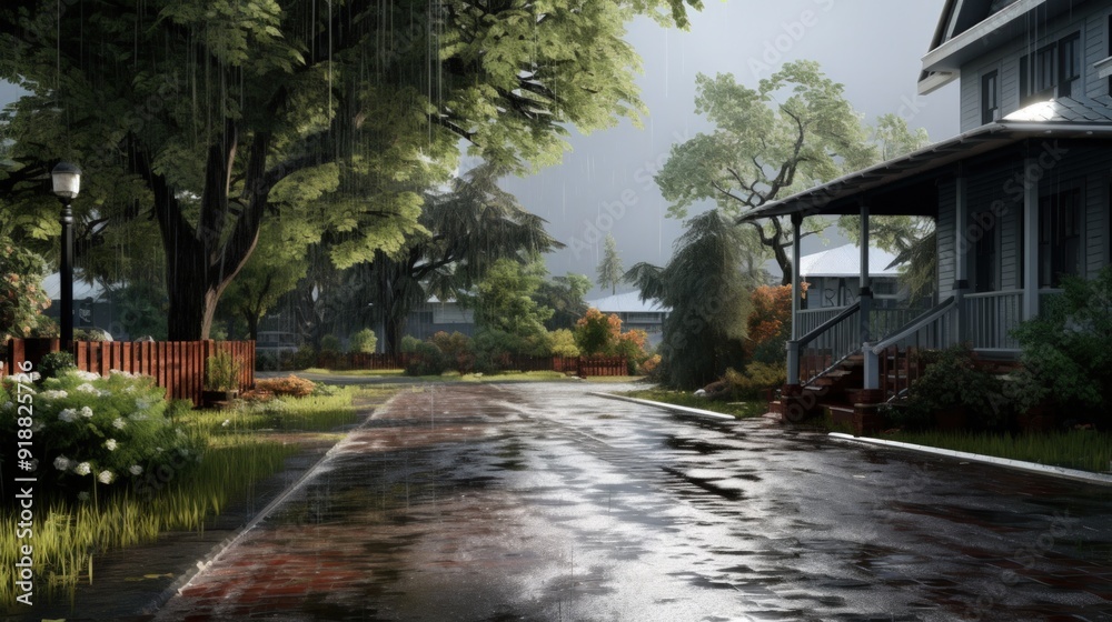 A quiet suburban street on a rainy day, with a house in the background. A quiet suburban street on a rainy day, with a house in the background.
