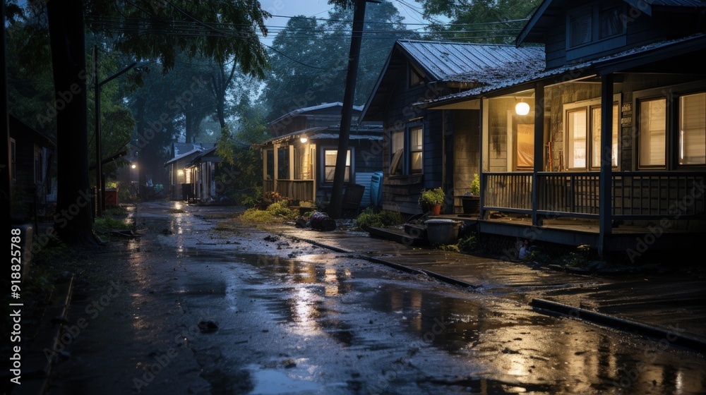 A quiet street lined with wooden houses, lit by warm porch lights and reflecting in puddles after a rain shower. A quiet street lined with wooden houses, lit by warm porch lights and reflecting in puddles after a rain shower.