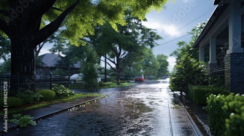 A quiet suburban street on a rainy day with lush greenery and a house on the right.