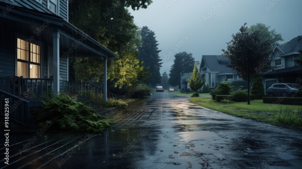 A rainy evening in a residential neighborhood, with a house with a porch lit up in the foreground, and a street leading off into the distance. A rainy evening in a residential neighborhood, with a house with a porch lit up in the foreground, and a street leading off into the distance.