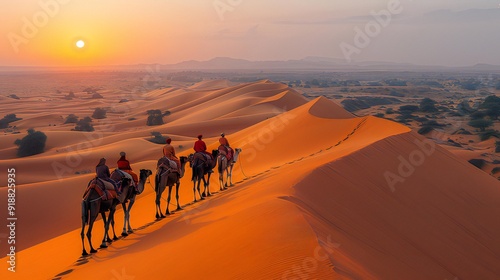 Showcase the vast undulating sand dunes of the group of Camels. Ai generated image.