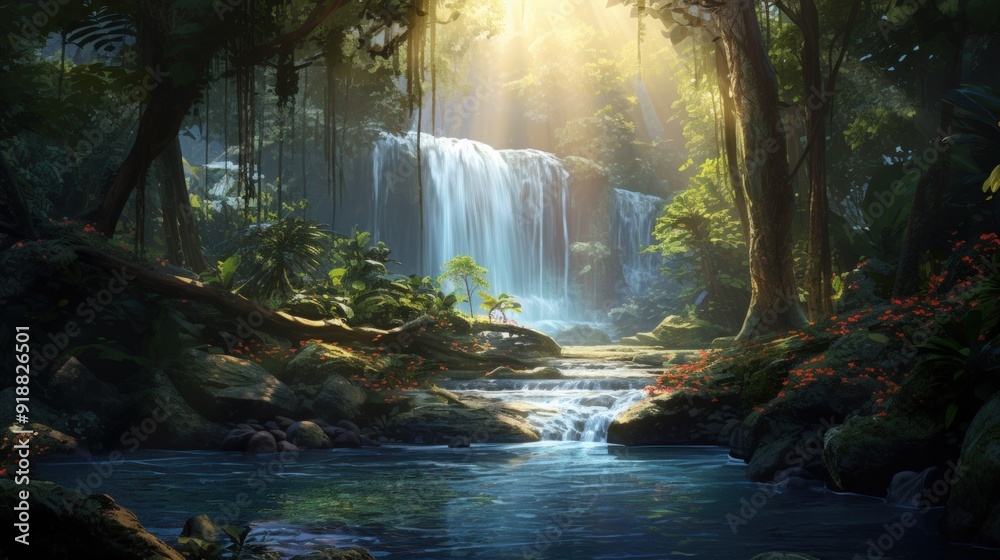 Fototapeta premium A serene waterfall cascades through a lush jungle, creating a tranquil pool of water surrounded by moss-covered rocks. Sunlight filters through the canopy, illuminating the scene.