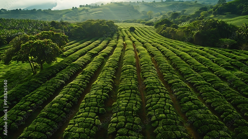 Fototapeta premium Coffee fields in Costa Rica aerial drone photograph : Generative AI