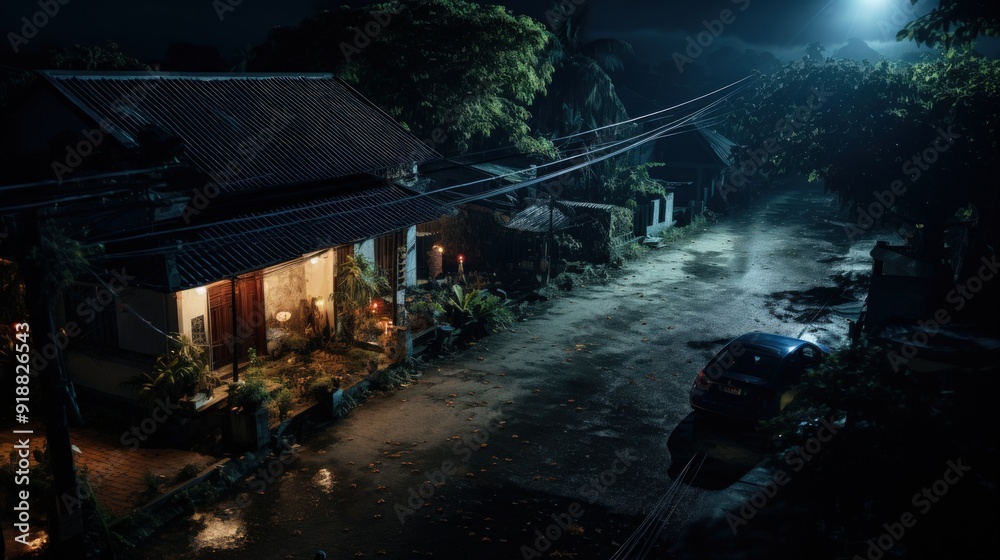 Fototapeta premium A single car is parked on a dark and narrow street, with a house on the left and lush foliage and trees on the right. The street is illuminated by a streetlight in the distance.