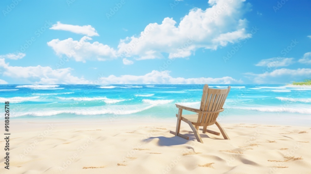 A single wooden chair on a pristine beach with turquoise water and blue skies. A single wooden chair on a pristine beach with turquoise water and blue skies.