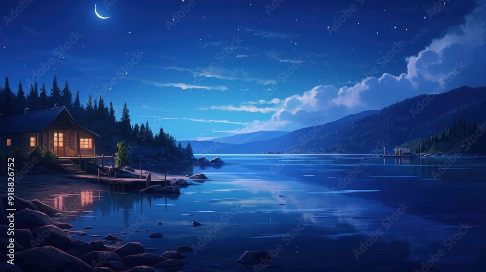 Fototapeta premium A small cabin sits on the shore of a lake under a starry sky.