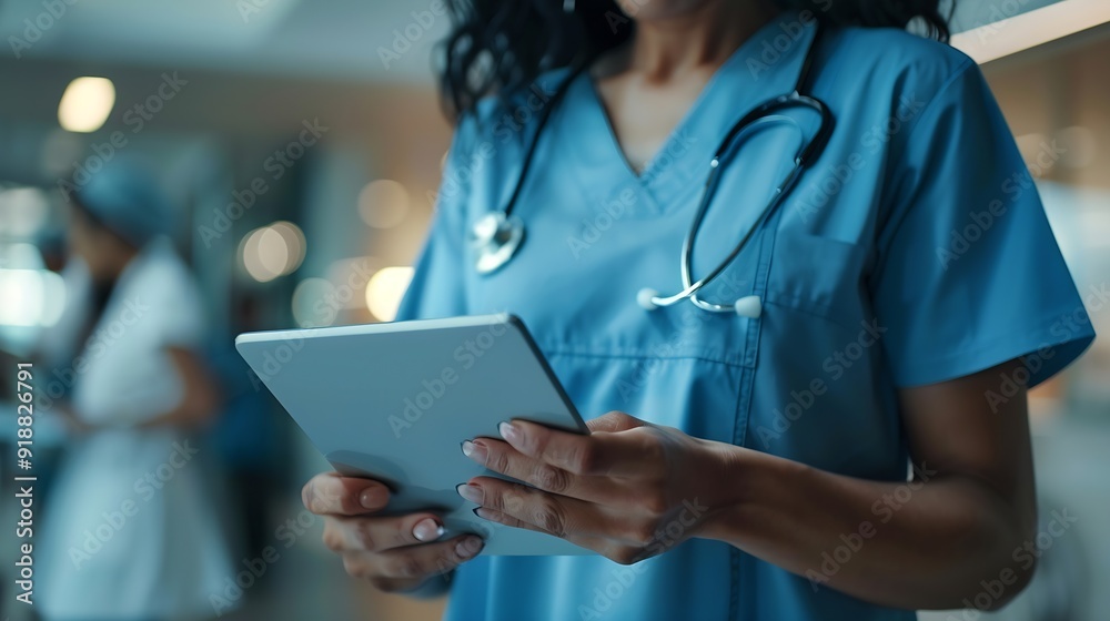 Closeup of nurse using a tablet at clinic reading a patient report while wearing blue scrubs and stethoscope Caucasian female physician holding digital device for medical research : Generative AI Closeup of nurse using a tablet at clinic reading a patient report while wearing blue scrubs and stethoscope Caucasian female physician holding digital device for medical research : Generative AI