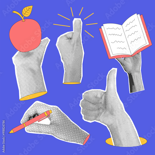 Trendy halftone collage hand with apple, pen, book, finger up. Knowledge, back to school, education concept. Contemporary vector illustration