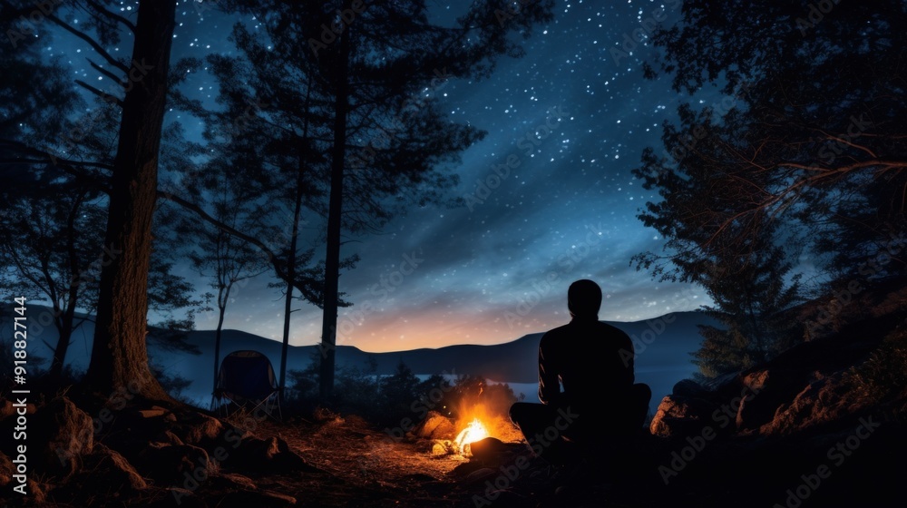 A solitary figure sits by a campfire under a night sky filled with stars. A solitary figure sits by a campfire under a night sky filled with stars.