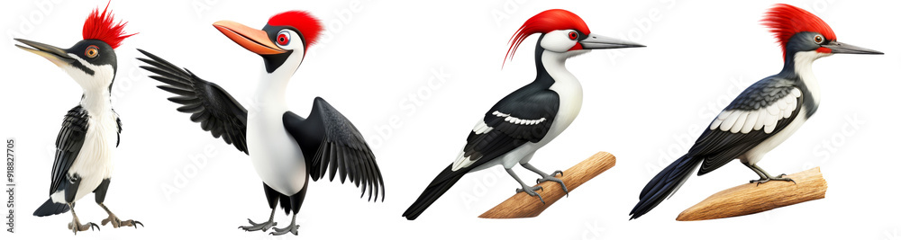 Cartoon woodpeckers with vibrant red crests and expressive faces, perched on branches and spreading wings