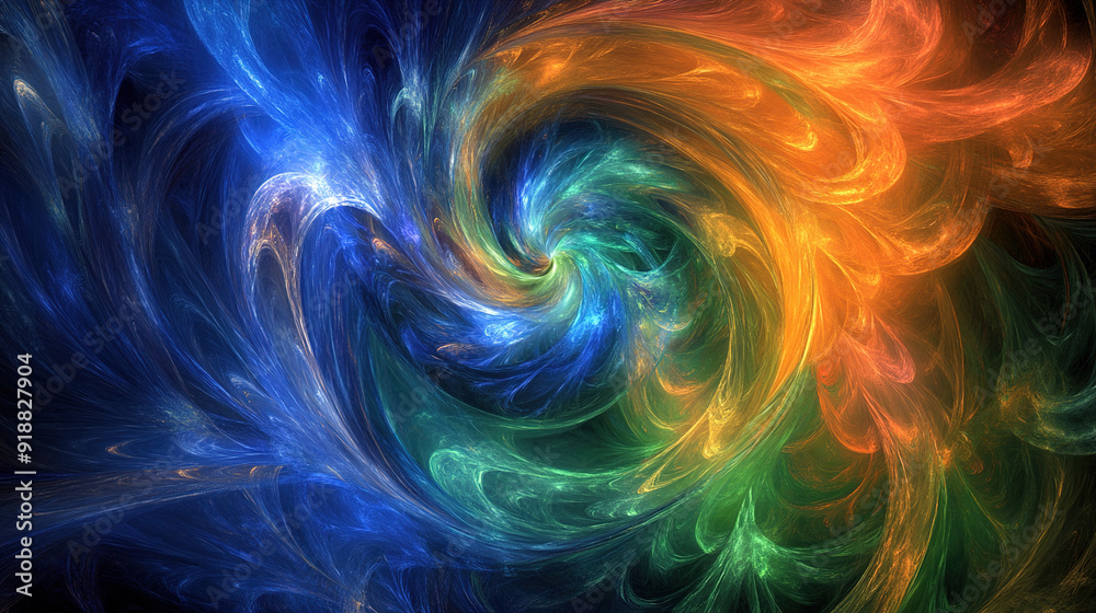 The image showcases an abstract design featuring vibrant swirls of color. Predominantly, the colors include shades of blue, green, yellow, and orange, which appear to be interweaving in a spiral patte The image showcases an abstract design featuring vibrant swirls of color. Predominantly, the colors include shades of blue, green, yellow, and orange, which appear to be interweaving in a spiral patte