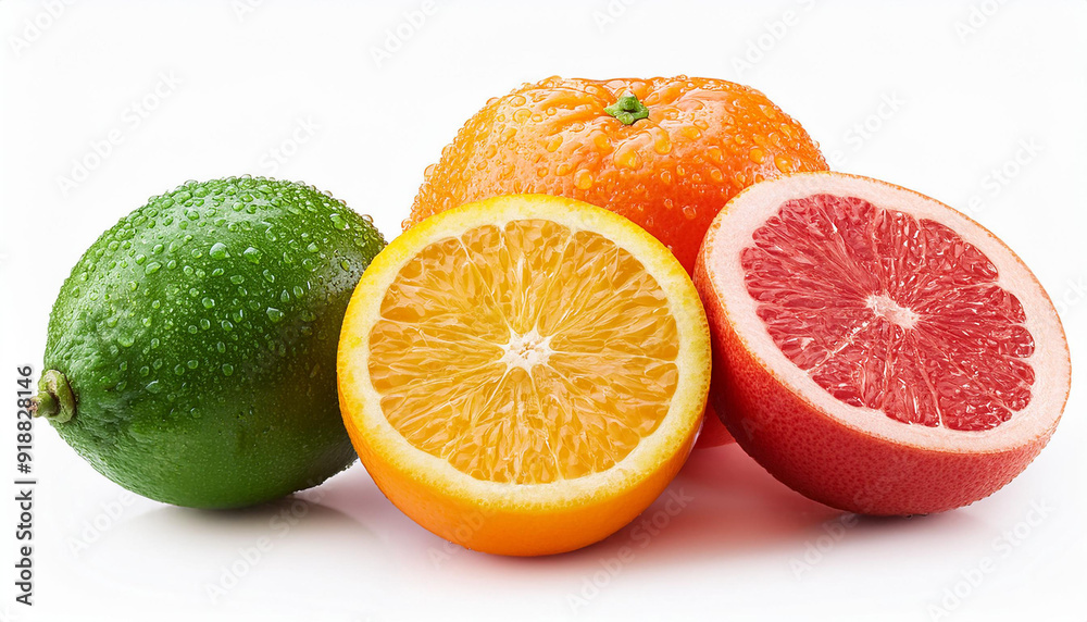 some fresh fruits with water drops, slice and half isolated on white background some fresh fruits with water drops, slice and half isolated on white background