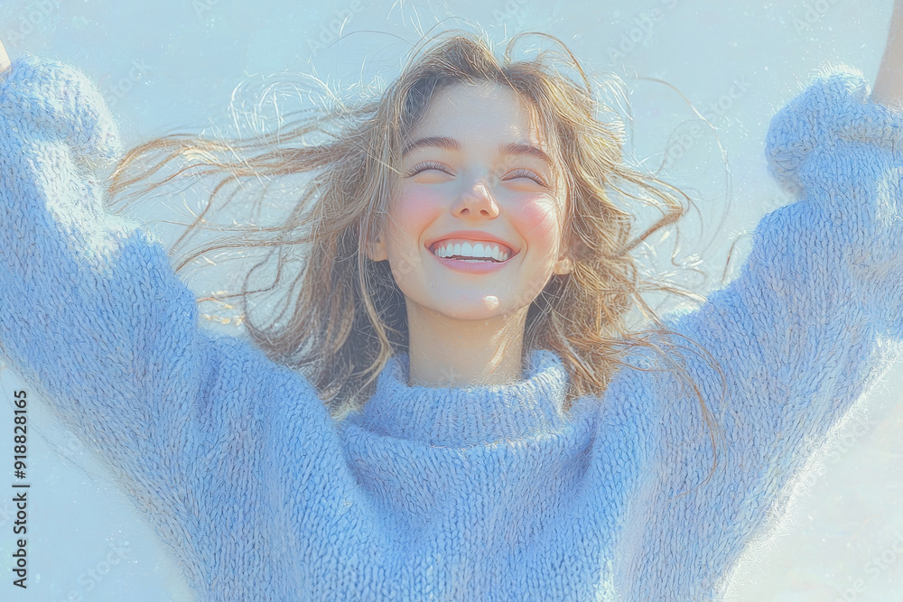 Happy smile laughing cartoon character young adult woman person portrait jumping with hands up in 3d style design on white background. Human people feelings expression concept Happy smile laughing cartoon character young adult woman person portrait jumping with hands up in 3d style design on white background. Human people feelings expression concept
