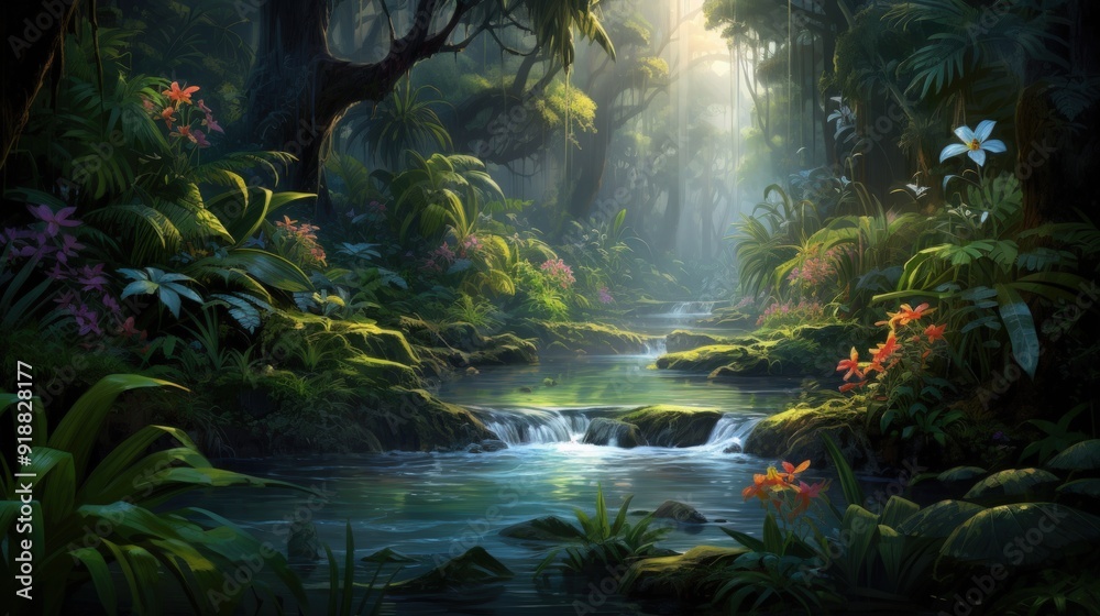 Naklejka premium A tranquil stream flows through a lush, tropical rainforest, bathed in soft sunlight that filters through the dense canopy.