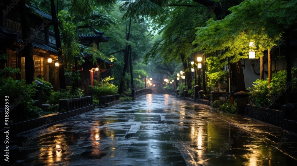 Naklejka premium A wet cobblestone path in a lush, green garden with trees, shrubs, and illuminated street lamps, creating a calm, peaceful atmosphere.