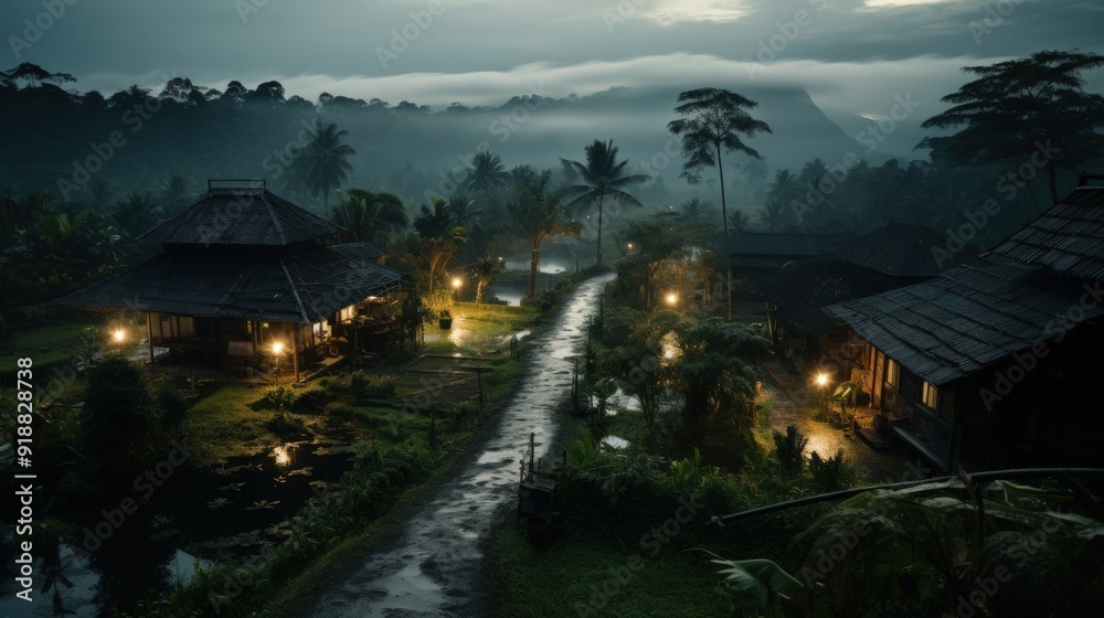 A wet dirt path winds through a lush jungle village, lit by the warm glow of lanterns. The sky is cloudy and the air is thick with mist. A wet dirt path winds through a lush jungle village, lit by the warm glow of lanterns. The sky is cloudy and the air is thick with mist.