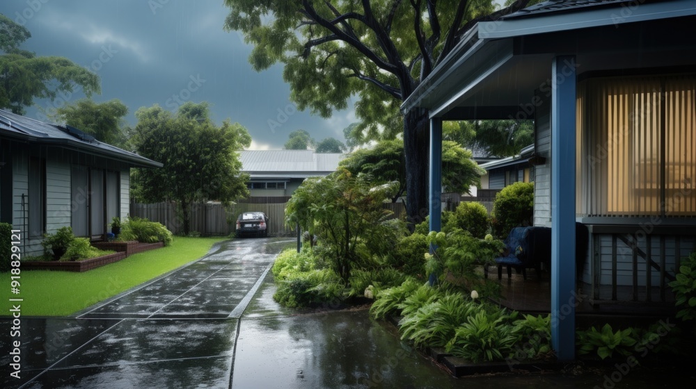 A wet suburban driveway, with houses, and greenery on either side. A wet suburban driveway, with houses, and greenery on either side.